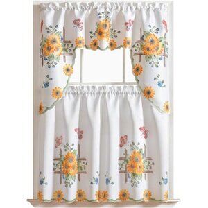 3pcs Farmhouse Kitchen Cafe Curtain Set Air Brushed by Hand of Sunflower